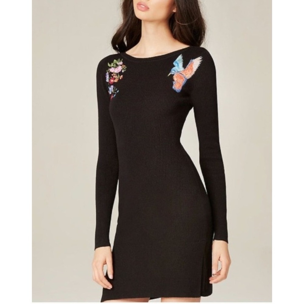 Bebe Black Ribbed Knit Long Sleeve Dress Embroidered Bird Flowers Size S
